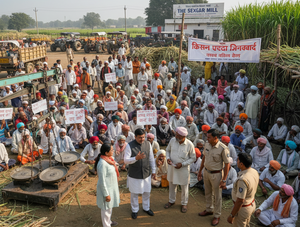 गन्ना उतराई के नाम पर की जा रही अवैध वसूली को लेकर किसानों ने किया Strike प्रदर्शन